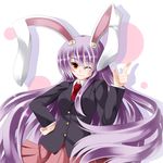  animal_ears bunny_ears colorized fuyuno_taka hand_on_hip iwanori long_hair looking_at_viewer necktie one_eye_closed purple_hair red_eyes reisen_udongein_inaba smile solo touhou upper_body very_long_hair 