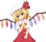  40cabbage ascot blonde_hair blush finger_to_chin flandre_scarlet hat head_tilt mob_cap red_eyes short_hair side_ponytail simple_background smile solo touhou white_background wings 