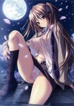  :o absurdres anna_(mirai_nostalgia) arm_support black_legwear blush breasts brown_hair cherry_blossoms full_moon head_tilt highres koku large_breasts leg_up long_hair looking_at_viewer mirai_nostalgia moon night nipples no_bra open_clothes open_shirt outdoors panties parted_lips partially_submerged perky_breasts petals purple_eyes shiny shiny_skin shirt sitting socks underwear very_long_hair wet wet_clothes wet_panties wet_shirt white_panties wind 