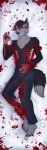  absurd_res angry anthro bared_teeth barefoot black_body black_fur blood blood_on_chest blood_on_face blood_on_pants blood_on_tail blood_splatter blood_stain bodily_fluids bottomwear bullet_wound canid canine clothing dakimakura dakimakura_design dark_matter_(li&#039;l_melon) excessive_blood exposed_bone exposed_ribcage facial_scar feet fur glowing glowing_eyes glowing_hands gore grey_body grey_fur growling hi_res looking_at_viewer lying male mammal on_side pants red_eyes scar shirtless solo stab_wound strays_in_paradise toynako unknown_species wounded 