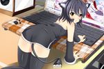  ahoge all_fours animal_ears black_hair black_legwear blush brown_eyes cat_ears collaboration computer detached_sleeves from_behind highres kazenokaze laptop looking_back nugi_(armenci) original personification short_hair tail thighhighs usb 