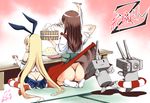  akagi_(kantai_collection) ass assisted_exposure ayuhara_hiiro bad_id bad_pixiv_id black_panties blonde_hair blush brown_hair chopsticks eating elbow_gloves food gloves hairband japanese_clothes kantai_collection lifebuoy long_hair multiple_girls ohitsu panties rensouhou-chan rice seiza shimakaze_(kantai_collection) sitting skirt striped striped_legwear tabi thighhighs thong underwear wariza white_gloves white_legwear 