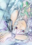  blue_eyes bound cover cover_page izayoi_sakuya multicolored multicolored_eyes parted_lips red_eyes shirt short_hair silver_hair solo tied_up touhou upside-down white_shirt yagimiwa 