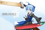  advent_cirno ahoge blue_dress blue_eyes blue_hair bow cirno copyright_name dress dual_wielding final_fantasy fusion_swords gloves hair_bow highres holding keroro keroro_gunsou looking_at_viewer mismatched_sleeves multiple_swords nugi_(armenci) short_hair solo standing sword touhou weapon wooden_sword 