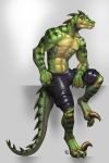  abs anthro avoid_posting biceps claws clothed clothing dinosaur dromaeosaurid inert-ren looking_at_viewer male muscular muscular_male pants pecs pose reptile scales scalie shorts simple_background sitting solo spikey theropod toes topless vein velociraptor 