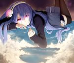  1girl bag blue_hair blue_sky cloud commentary gen_2_pokemon giantess headphones hews_hack highres long_hair lying original pokemon pokemon_(creature) purple_eyes skirt sky smile star thighhighs togepi 