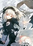  breasts doll_joints dress frills hairband highres lolita_fashion long_hair nilitsu red_eyes rozen_maiden silver_hair small_breasts solo suigintou thighhighs wings 