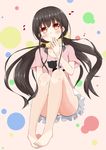  barefoot black_hair blush chaa_(korone-ze) eighth_note legs long_hair long_legs musical_note original red_eyes skirt smile solo thighs twintails 