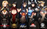 armor black_hair blonde_hair blue_eyes blue_hair breasts character_name cherno_alpha cleavage cleavage_cutout coyote_tango crest crimson_typhoon cyborg fan gipsy_danger hand_on_hip highres large_breasts long_hair looking_at_viewer mecha_musume medium_breasts mullet multicolored_hair multiple_girls pacific_rim personification red_eyes sigm@ striker_eureka yellow_eyes 