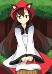  absurdres animal_ears anna_sakura basket blush_stickers brown_hair cape cosplay fang hat highres imaizumi_kagerou irony little_red_riding_hood long_hair looking_at_viewer red_eyes smile solo touhou v_arms wide_sleeves wolf_ears 