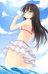  ahoge aqua_eyes bad_id bad_pixiv_id black_hair blush cloud day eating food frills hair_intakes idolmaster idolmaster_cinderella_girls juuku long_hair popsicle shibuya_rin sky solo swimsuit 