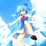  bad_id bad_pixiv_id blue_eyes blue_hair blue_panties blue_skirt blue_sky bow cirno cloud danmaku day fuuen_(akagaminanoka) hair_bow ice ice_wings open_mouth panties pantyshot puffy_sleeves shirt short_sleeves skirt sky smile solo touhou underwear upskirt wings 