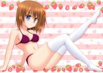  bikini blue_eyes brown_hair food fruit hair_ornament heart lask lyrical_nanoha mahou_shoujo_lyrical_nanoha_strikers short_hair solo strawberry swimsuit x_hair_ornament yagami_hayate 