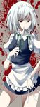  apron bad_id bad_pixiv_id braid izayoi_sakuya knife maid_apron maid_headdress red_eyes silver_hair solo stigma1101 touhou twin_braids wristband 