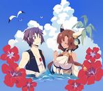  1boy 1girl cloud demon horn houjou_ujinao kyoukaisenjou_no_horizon noriki ocean purple_eyes purple_hair tan_skin 