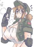  1girl breasts brown_eyes brown_hair cap covered_nipples erect_nipples female fio_germi glasses gun huge_breasts metal_slug military nanashi_(pixiv248962) short_hair simple_background sketch solo standing uniform upper_body weapon white_background 