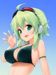  ahoge armlet bare_shoulders bikini_top blush breasts fang goggles goggles_on_head green_eyes green_hair gumi headphones highres kaisen_chuui large_breasts long_hair shiny shiny_skin short_hair smile solo strap_gap swimsuit upper_body vocaloid 