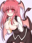  bat_wings between_breasts blush breast_hold breasts dress head_wings koakuma lactation large_breasts long_hair necktie necktie_between_breasts nipples open_clothes open_mouth open_shirt red_eyes red_hair ry shirt skirt skirt_set solo touhou vest wings 