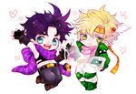  blonde_hair blue_eyes bubble caesar_anthonio_zeppeli chibi facial_mark fingerless_gloves gloves green_eyes green_jacket head_wings headband jacket jojo_no_kimyou_na_bouken joseph_joestar_(young) medemoisellecu midriff multiple_boys purple_hair scarf 