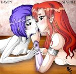  2girls blush breasts buttercupsaiyan dc dc_comics facial_mark forehead_mark kiss long_hair lying multiple_girls nipples nude orange_hair pale_skin purple_hair raven_(dc) short_hair starfire teen_titans yuri 