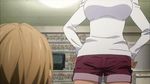  1girl animated animated_gif bakuman bent_over black_eyes bouncing_breasts breasts brown_hair hands_on_hips large_breasts long_hair lowres miyoshi_kaya open_mouth ponytail short_hair shorts takagi_akito talking 