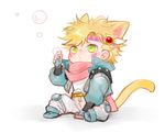  animal_ears blonde_hair blue_jacket bubble bubble_blowing caesar_anthonio_zeppeli cat_ears cat_tail chibi facial_mark feathers fingerless_gloves gloves green_eyes hair_feathers headband jacket jojo_no_kimyou_na_bouken kemonomimi_mode male_focus medemoisellecu scarf solo tail 