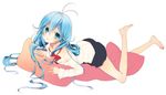  antenna_hair bare_legs barefoot blue_eyes blue_hair blush denpa_onna_to_seishun_otoko futon long_hair lying naoto_(tulip) off_shoulder on_stomach skirt smile solo touwa_erio 