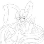  absurdres animal_ears bunny_ears greyscale hand_on_hip highres iwanori lineart long_hair looking_at_viewer monochrome necktie one_eye_closed reisen_udongein_inaba smile solo touhou very_long_hair 
