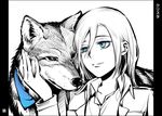  animal blue_eyes christa_renz hair_between_eyes monochrome pillarboxed shingeki_no_kyojin spot_color taum wolf 