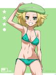 bel_(pokemon) bikini blonde_hair green_background green_bikini green_eyes green_hat grin hat jaga_note navel pokemon short_hair side-tie_bikini smile solo swimsuit 