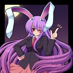  animal_ears blush bunny_ears colorized full_moon hand_on_hip iwanori kachiwarigoori long_hair looking_at_viewer moon necktie one_eye_closed purple_hair red_eyes red_neckwear reisen_udongein_inaba smile solo touhou upper_body very_long_hair 