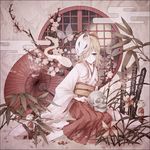  alternate_costume bamboo barefoot bird blonde_hair bow cherry_blossoms egasumi face_mask feet fox_tail grey_eyes hair_bow hakama highres japanese_clothes kagamine_rin kimono kitsune_no_yomeiri_(vocaloid) long_sleeves looking_at_viewer mask moco obi oriental_umbrella petals pinwheel rain sash sign sitting skull solo tail twig umbrella vocaloid wide_sleeves window yukata 