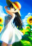  bad_id bad_pixiv_id black_hair cloud day dress eri_(resia) flower green_eyes hands_on_headwear hat long_hair original sky solo sun_hat sundress sunflower 