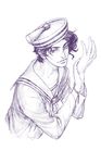  hat jojo_no_kimyou_na_bouken jojolion kira_yoshikage_(jojolion) male_focus monochrome sailor sailor_hat solo zishanjiang 