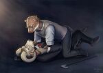  2023 angry anthro artist_name black_bottomwear black_clothing black_pants black_topwear black_vest blue_eyes bottomwear bovid bow_tie brown_body brown_fur brown_nose business_suit buttoned_clothing caprine claws clenched_teeth clifford_tibbits clothed_male clothing dress_pants dress_shoes duo ear_pull echo_(series) echo_project eyes_closed eyewear facial_hair fight fur glasses goatee grey_body grey_fur hi_res james_hendricks_iii male mammal monocle mr.solar mustelid musteline necktie on_ground on_top pants pinned pinned_to_ground red_necktie rolled_up_sleeves round_glasses sheep shirt simple_background stoat struggling suit tan_clothing tan_topwear tan_vest teeth the_smoke_room topwear true_musteline vest walking_cane weasel white_clothing white_shirt white_topwear wrist_grab 