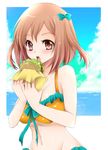  bikini blush breasts brown_eyes brown_hair food hamburger hataraku_maou-sama! large_breasts looking_at_viewer ocean open_mouth sasaki_chiho shinonome_ryuu short_hair solo swimsuit 