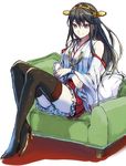  black_hair boots detached_sleeves hairband haruna_(kantai_collection) japanese_clothes kantai_collection legs long_hair long_legs nontraditional_miko pillow purple_eyes sitting solo thigh_boots thighhighs thighs yurossan zettai_ryouiki 