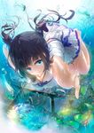 arch barefoot black_hair blue_eyes bubble coral diving dress foreshortening highres light_rays looking_at_viewer original outdoors plant reaching_out solo torii twintails underwater water white_dress wingheart 