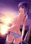  ass bangs bikini bikini_top_removed breasts butt_crack from_behind hair_ribbon kakuno long_hair looking_at_viewer looking_back nipples original purple_eyes purple_hair ribbon side-tie_bikini small_breasts smile solo sunset swimsuit tan tanline topless twintails wading water wet 