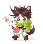  animal_ears blue_eyes bone brown_hair dog_ears dog_tail fingerless_gloves gloves grin jojo_no_kimyou_na_bouken joseph_joestar_(young) kemonomimi_mode male_focus medemoisellecu midriff ribbon scarf smile solo tail 