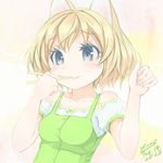  animal_ears blonde_hair blue_eyes blush_stickers cat_ears chopsticks highres original short_hair smile solo ycums 