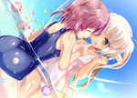  blonde_hair closed_eyes long_hair multiple_girls naka one-piece_swimsuit original pink_hair school_swimsuit shiny shiny_clothes short_hair swimsuit water wet wet_clothes yellow_eyes 