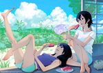  animal animal_on_lap barefoot black_eyes black_hair bug day dragonfly fan food fruit insect knee_up legs legs_up long_hair lying multiple_girls on_back original paper_fan quiet-sleeper short_hair shorts sitting smile summer uchiwa watermelon 