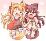  :d ^_^ animal_ears armpits arms_up blonde_hair bow brown_eyes brown_hair chibi closed_eyes collar dog_ears dog_tail dress fang fox_ears fox_tail hair_bow holding_hands kuroneko_liger long_hair looking_at_viewer multiple_girls necktie open_mouth original paw_print pink_background pink_eyes shirt shorts sleeveless sleeveless_dress smile tail twintails v very_long_hair vest 