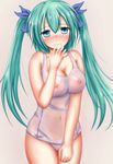  blush breasts covered_navel green_eyes green_hair hair_ribbon hatsune_miku highres large_breasts long_hair nipples one-piece_swimsuit ribbon sakura_fuyuki school_swimsuit see-through solo swimsuit twintails vocaloid 
