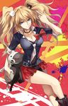  bad_id bad_pixiv_id blonde_hair blue_eyes boots bow bra breasts choker cleavage collarbone cross-laced_footwear danganronpa danganronpa_1 enoshima_junko hair_ornament highres lace-up_boots large_breasts legs long_legs long_sleeves looking_at_viewer monokuma necktie neko_(yanshoujie) red_bra shirt skirt sleeves_rolled_up smile solo spoilers stuffed_animal stuffed_toy teddy_bear thighs twintails underwear 