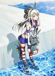  :3 blonde_hair blue_eyes boots caustics elbow_gloves gloves hairband innertube kantai_collection long_hair machinery rensouhou-chan school_uniform serafuku shadow shimakaze_(kantai_collection) solo striped striped_legwear thighhighs wading water yurossan 