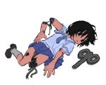  1girl amputee android black_eyes black_footwear black_hair blue_necktie blue_shirt blue_skirt broken broken_cable closed_mouth collared_shirt commentary damaged double_amputee empty_eyes expressionless grey_socks kneehighs loafers looking_to_the_side lying mechanical_parts missing_limb necktie nichijou no_pupils on_back pingupingn school_uniform severed_arm severed_limb shinonome_nano shirt shoes short_hair short_sleeves simple_background skirt socks solo torn_skin white_background winding_key 