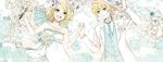  1girl :d blonde_hair blue_eyes blush bouquet buzz dress floral_background flower formal green_neckwear hair_flower hair_ornament hand_on_headwear hand_up hat hat_flower holding holding_hands kagamine_len kagamine_rin kuwahara_souta long_sleeves necktie open_mouth siblings smile suit twins veil vest vocaloid wedding_dress white_dress white_suit 