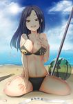  1girl ball beach beach_umbrella beachball bikini black_bikini black_hair breasts brown_eyes cleavage commentary_request day hand_on_own_chest highres idolmaster idolmaster_cinderella_girls large_breasts long_hair mukai_takumi outdoors sitting solo swimsuit umbrella wariza yasai_no_ou-sama_lettuce 